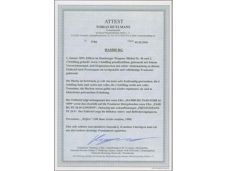 4 Sch. grünoliv und 3 Sch. preußischblau, beide farbfrisch, je voll- meist breitrandig geschnitten, mit sauber aufgesetztem S