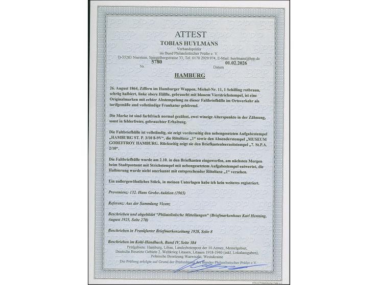 1864/67, 1 Schilling braun, diagonal halbiert, linke obere Hälfte, farbfrisch und normal gezähnt, zwei winzige Alterspünktche