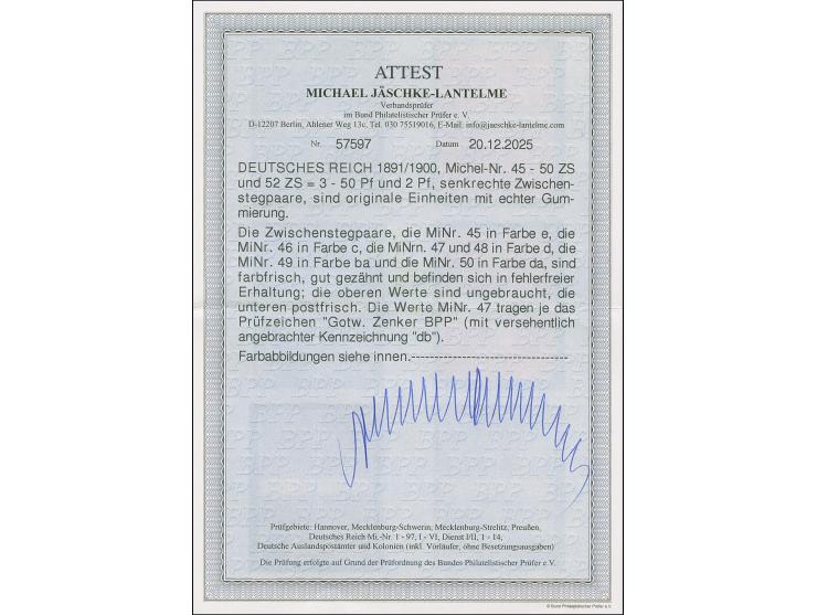 1889/1900, Krone/Adler, 3 - 50 Pfg. und 2 Pfg., je im Viererblock mit zwei senkrechten Zwischenstegpaaren, farbfrisch und gut