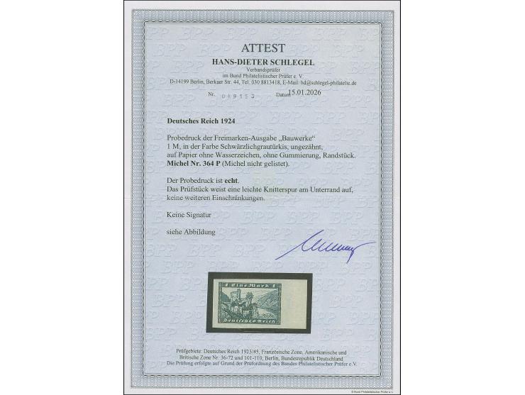 1924, Burg Rheinstein 1 M. schwärzlichgrautürkis, Probedruck, ungezähnt auf ungummiertem Papier, ohne Wasserzeichen, mit rech