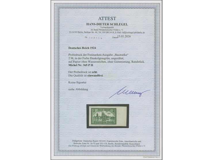 1924, Blick auf Alt-Köln 2 M. dunkelgraugrün, Probedruck, ungezähnt auf ungummiertem Papier, ohne Wasserzeichen, mit rechten 
