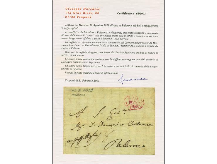 1819, letter sheet from Messina to Palermo, endorsed "con Staffettiglia" and taxed upon arrival with "8" Grana; adjacent cont
