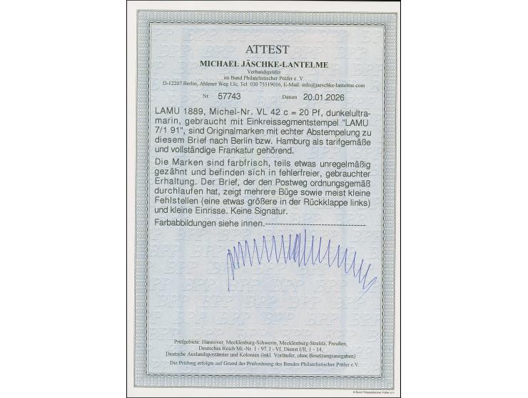 20 Pfg. dunkelultramarin, 2 Einzelwerte mit einzeln sauber auf- und nebengesetztem "LAMU 7/1 91" auf größerformatigem Briefku