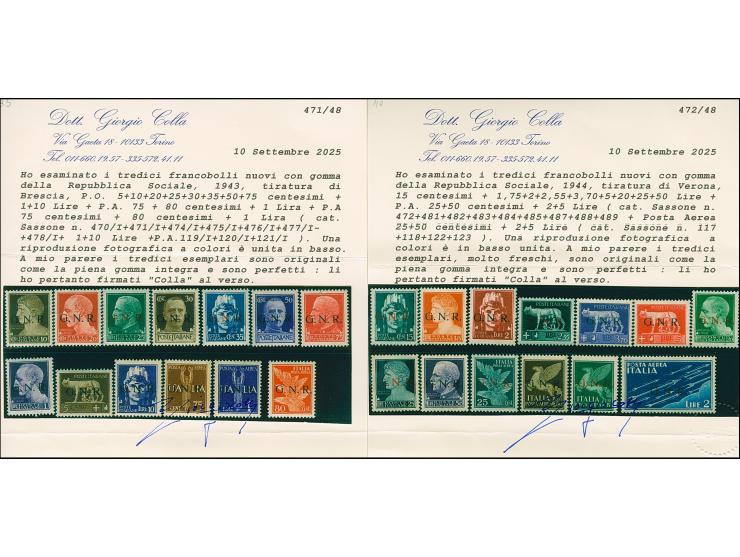 1943, 5 c. -1 l., 1,75-50 l. and airmail 25 c.-5 l. with overprint “G.N.R.”, 26 different stamps, mint never hinged, verfy fi