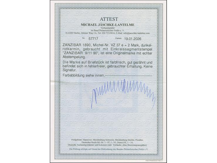 2 M. dunkelrotkarmin, farbfrisch und gut gezähnt mit zentrisch klarem "ZANZIBAR 9/II 90" auf Leinen-Briefstück. Ein besonders