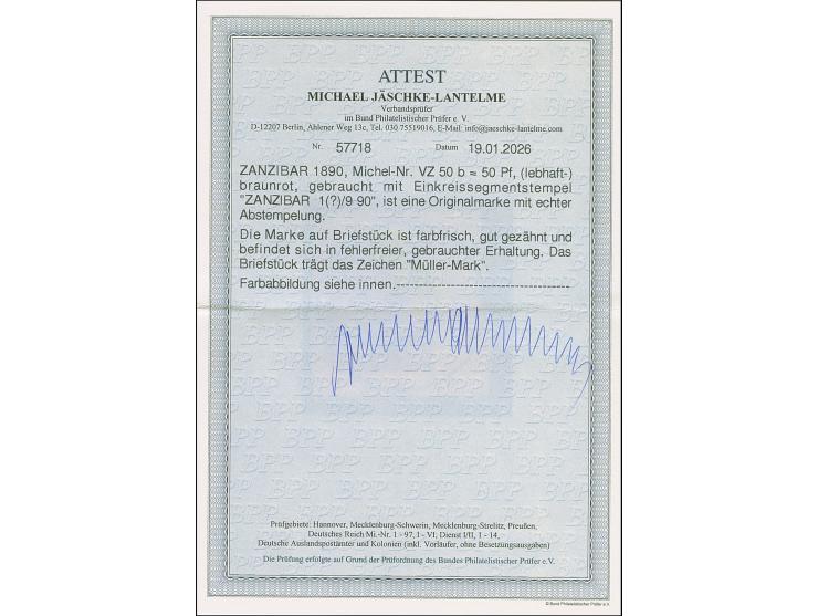 50 Pfg. lebhaftbraunrot, farbfrisch und gut gezähnt, mit sauber aufgesetztem "ZANZIBAR 1./9 90" auf Briefstück. Eine seltene 