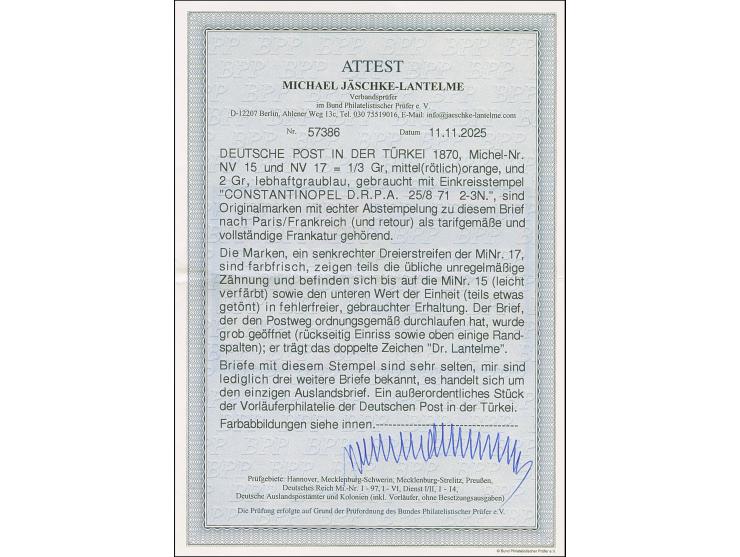 NDP ½ &nbsp;Gr. orange und senkrechter Dreierstreifen 2 Gr. hellgraublau je mit klarem EKr. “CONSTANTINOPEL D.R.P.A. 25.3.71”