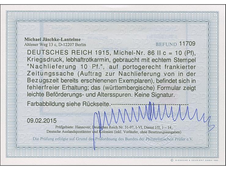 Deutsches Reich Germania 10 Pfennig. lebhaftrotkarmin, mit violettem L1 „Nachlieferung 10 Pfg.“ rückseitig auf Zeitungssache 