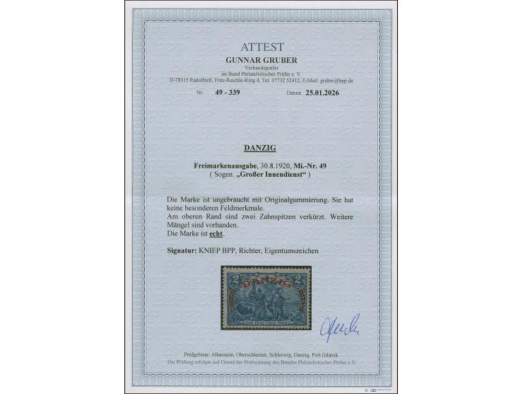 1920, Großer Innendienst 60 Pfg.-2 M. kpl., ungebraucht, 2 M. oben mit zwei verkürzten Zahnspitzen, sonst einwandfrei, die üb