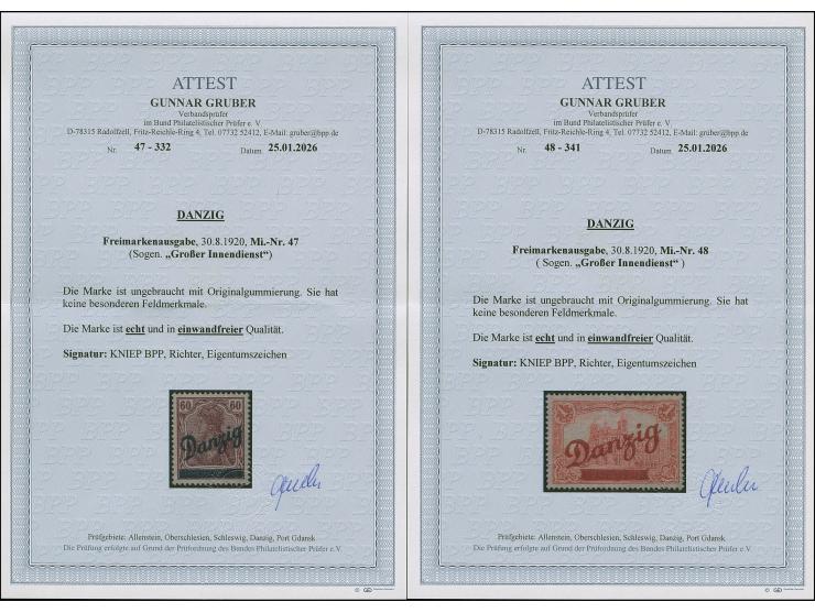 1920, Großer Innendienst 60 Pfg.-2 M. kpl., ungebraucht, 2 M. oben mit zwei verkürzten Zahnspitzen, sonst einwandfrei, die üb