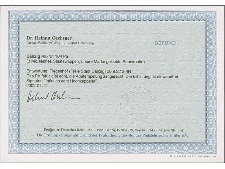 1922, Staatswappen 3 Mark lilarot, senkrechtes Paar, die untere Marke auf geklebter Papierbahn, sauber mit Stempel “TIEGENHOF