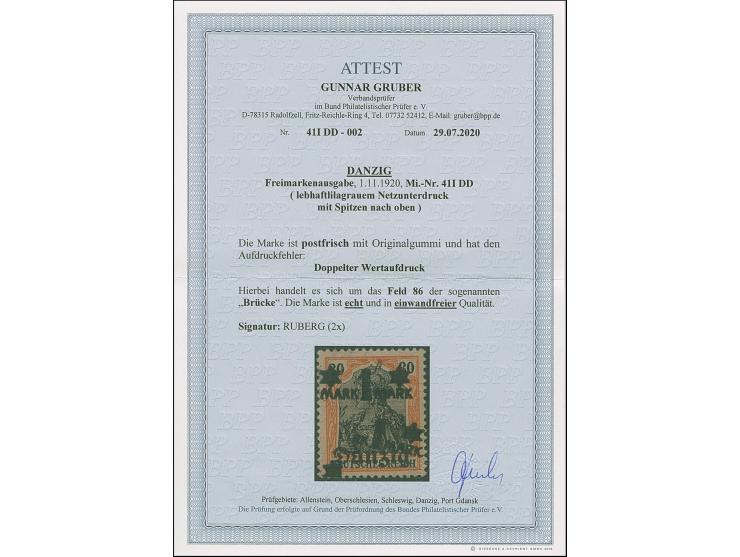 1920, Germania mit lebhaftlilagrauem Netzunterdruck, 1 Mark auf 30 Pfennig, Spitzen nach oben, mit Aufdruckfehler von Feld 85