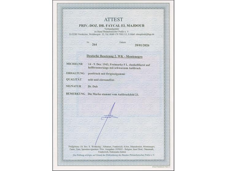 1943, Verwaltungsausschuss 5 Lire, Aufdruckfeld 23, postfrisch, tadellos, sign. Dub sowie Fotoattest El Majdoub BPP (2026)