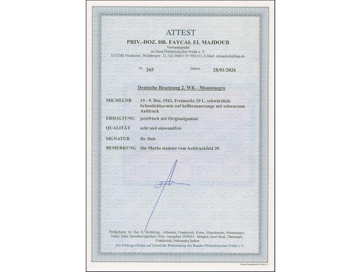 1943, Verwaltungsausschuss 10 Lire, Aufdruckfeld 39, postfrisch, tadellos, sign. Dub sowie Fotoattest El Majdoub BPP (2026)