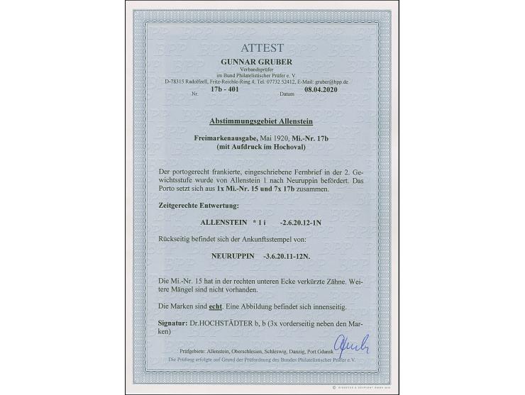 1920, Aufdruckausgabe im Hochoval 15 Pfennig schwarzviolett, 7er-Block mit Zufrankatur mit Stempel “ALLENSTEIN 2.6.20” auf po