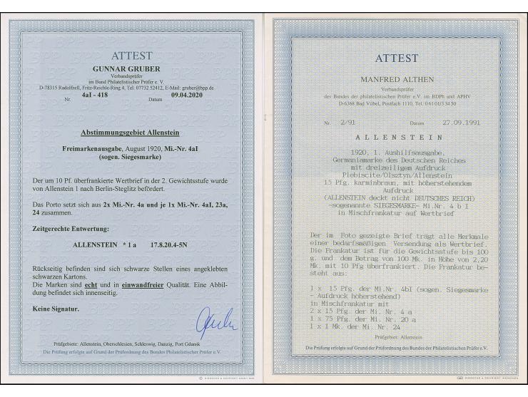 1920, Aufdruckausgabe 15 Pfennig braunrot, sogen. “Siegesmarke”, mit Zufrankatur mit Stempel “ALLENSTEIN 17.8.20” auf gering 