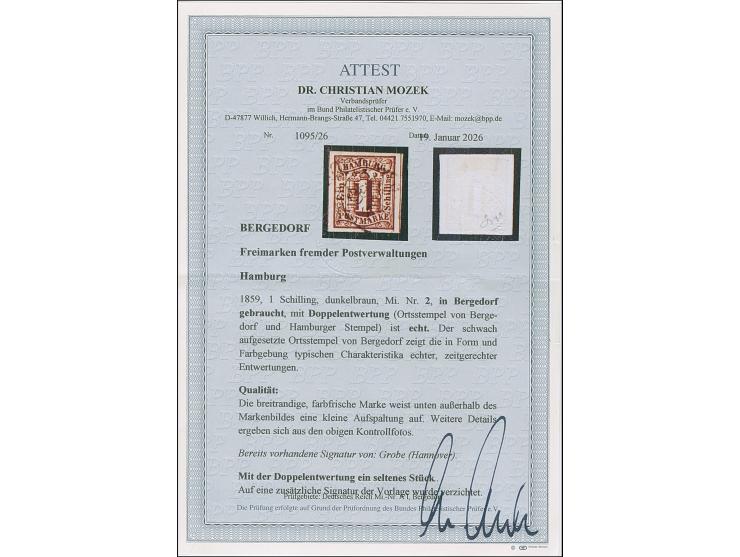 1 Sch. braun, voll- bis breitrandig mit Doppelentwertung durch Ortsstempel und Hamburger Ovalstempel. Im Unterrandd kleinne A
