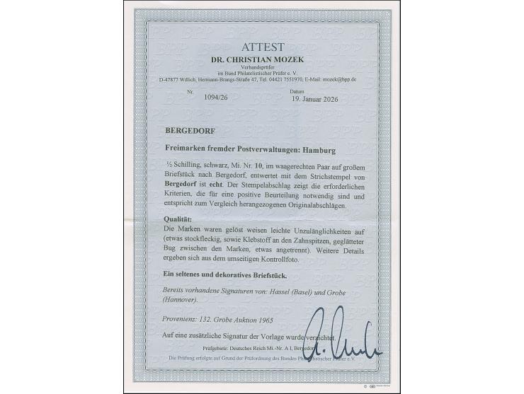 ½ Sch. schwarz, waagerechtes Paar mit jeweils sauber aufgesetztem Strichstempel auf größerem Briefstück (gelöst und replazier