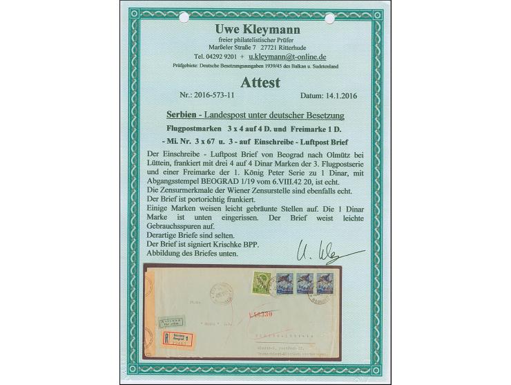 1942, Flugpost 4 auf 4 Dinar, waagerechter Dreierstreifen mit Zufrankatur mit Stempel “BEOGRAD -6.VIII.42” auf großformatigem