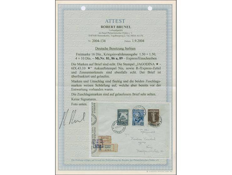 1943, Kriegsinvaliden 1,50+1,50 sowie 4+10 Dinar, mit Zufrankatur Klöster 16 Dinar, mit Stempel “JAGODINA 6.IX.43” auf Eil-R-