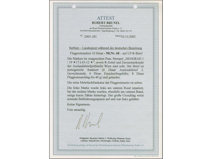 1942, Flugpost 10 auf 12 Dinar, waagerechtes Paar, sauber mit auf- und nebengesetztem Stempel “BEOGRAD 17.I.43” auf großforma