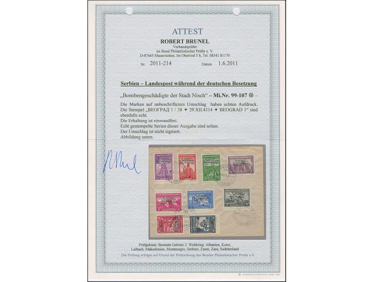 1943, Bombengeschädigte in Nis 0,50-16 Dinar, teils Randstücke, sauber mit Stempel “BEOGRAD 29.XII.43” auf Umschlag, tadellos