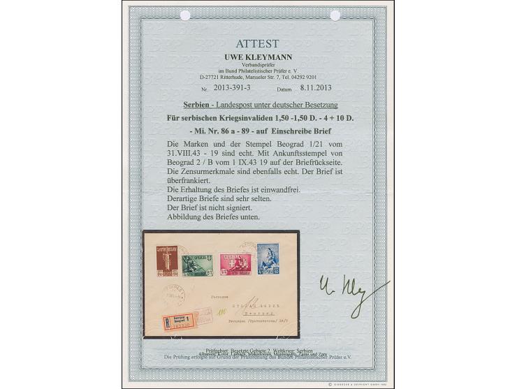 1943, Kriegsinvaliden 1,50+1,50 - 4+10 Dinar, sauber mit Stempel “BEOGRAD 31.VIII.43” auf Orts-R-Brief mit Zensur- und Ankunf