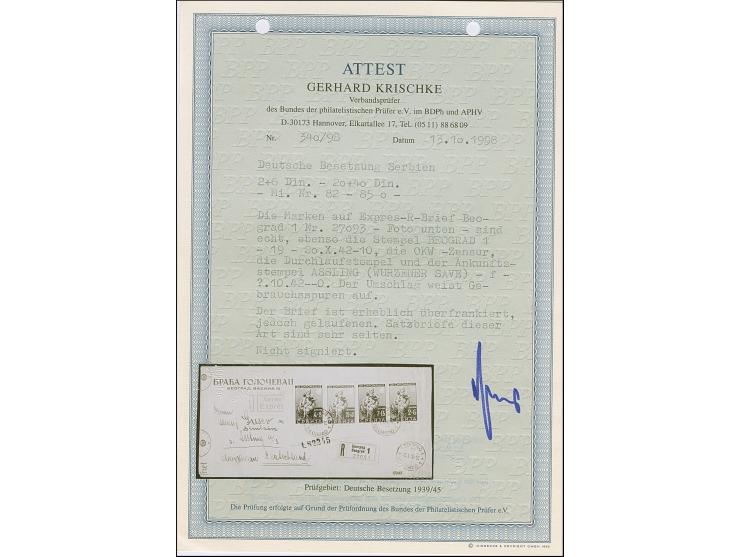 1942, Für die Armen 2+6 - 20+40 Dinar, sauber mit Stempel “BEOGRAD 20.X.42” auf Eil-R-Brief mit Zensurstreifen nach Assling m