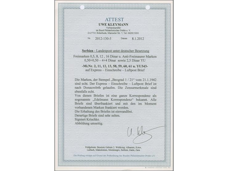 1942, Anti-Fraumaurer Ausstellung 0,50-4 Dinar komplett, in Mischfrankatur mit Freimarken 0,50 Din., 8 Din., 12 Din. und 16 D