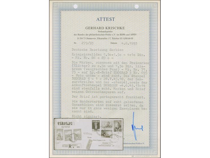 1943, Kriegsinvaliden 1,50+1,50 - 4+10 Dinar zusammen mit Klöster 0,50 Dinar und waagerechtes Paar 1,50 Dinar, sauber mit Ste