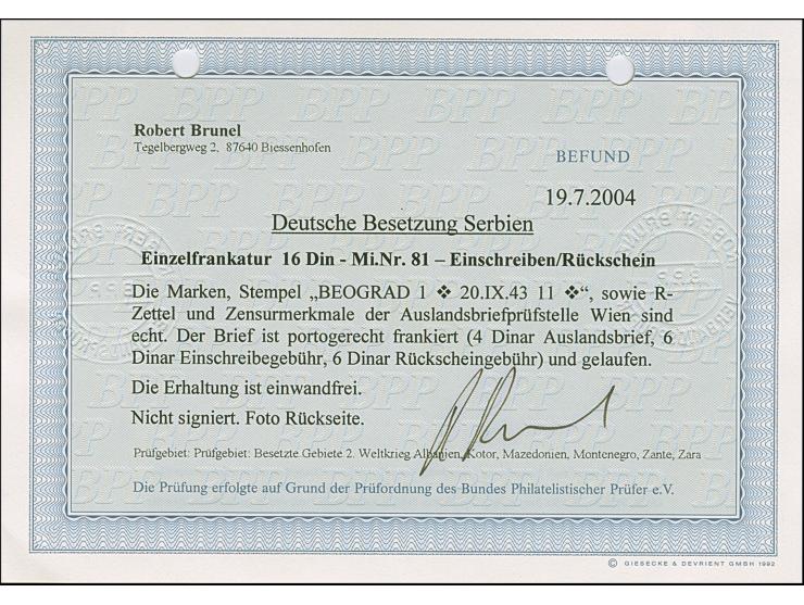 1942, Klöster 16 Dinar, sauber mit auf- und nebengesetztem Stempel “BEOGRAD 20.IX.43” auf portogerechtem, zensierten R-Brief 