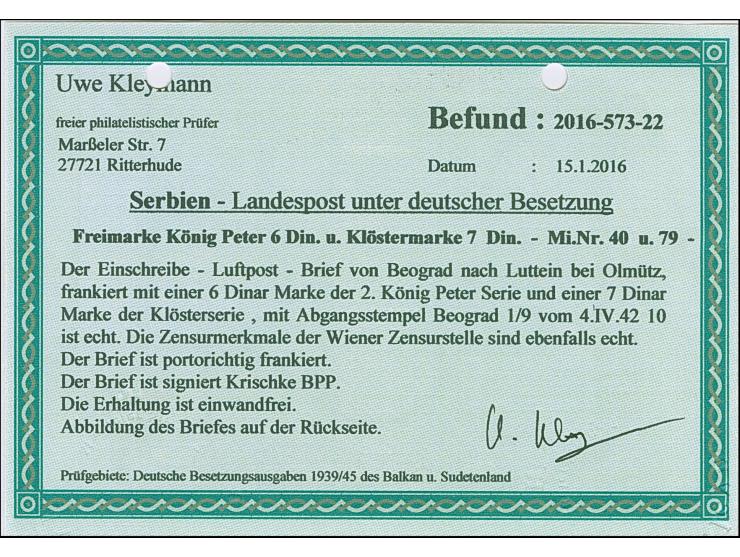 1941, König Peter II. 6 Dinar, zusammen mit Klöster 7 Dinar, sauber mit Stempel “BEOGRAD -4.IV.42” auf zensiertem Luftpost-R-