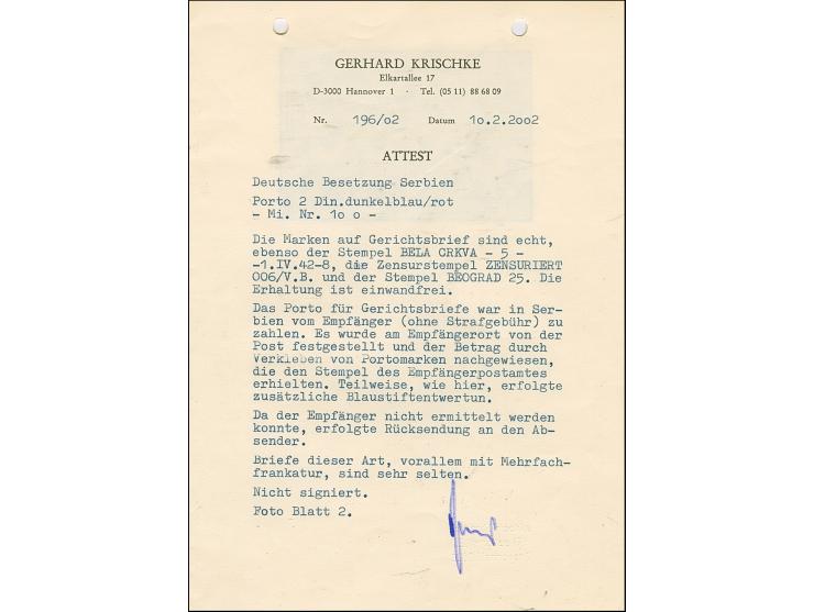 1942, Ziffern 2 Dinar, waagerechtes Paar, sauber mit Stempel und Blaustiftentwertung auf unfrei aufgegebenem Gerichtsbrief au