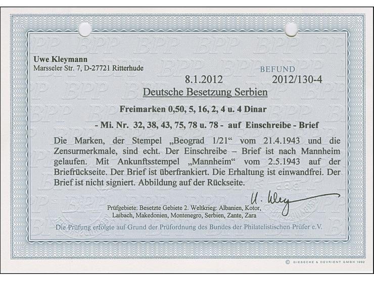 1941, König Peter II. 16 und 5 sowie 0,50 Dinar mit Zufrankatur mit Stempel “BEOGRAD 21.IV.43” auf R-Brief mit Zensurstreifen