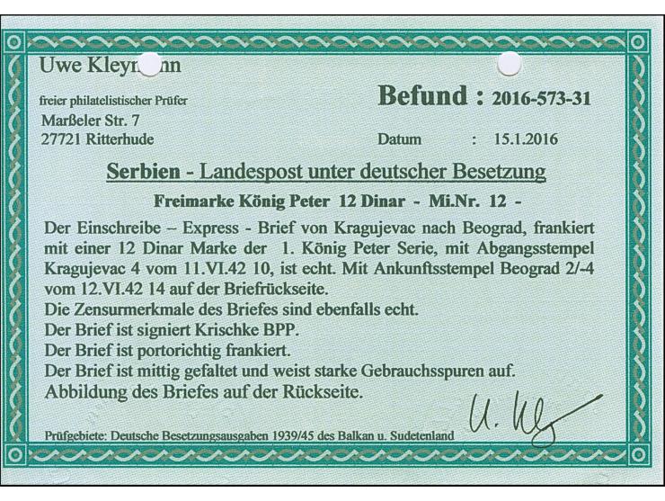 1941, 12 Dinar mit Stempel “KRAGUJEVAC 11.VI.42” auf Eil-R-Brief nach Beograd mit Zensurstreifen links, einmal senkrecht gefa