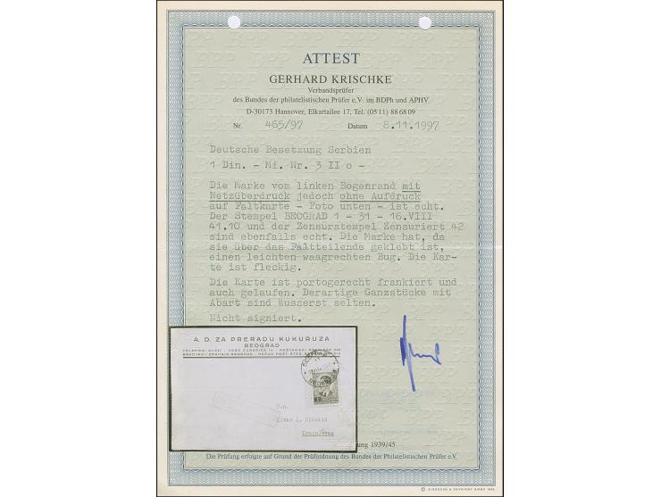 1941, König Peter II. 1 Dinar dunkelsmaragdgrün, ohne Aufdruck “SERBIEN”, sauber mit Stempel “BEOGRAD 16.VIII.41” auf Postkar