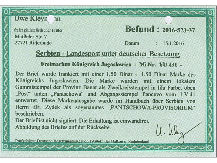 PANTSCHOWA-PROVISORIUM: Handstempelaufdruck “POST PANTSCHOWA” auf Jugoslawien Tuberkulosebekämpfung 1 Dinar, mit Stempel “PAN