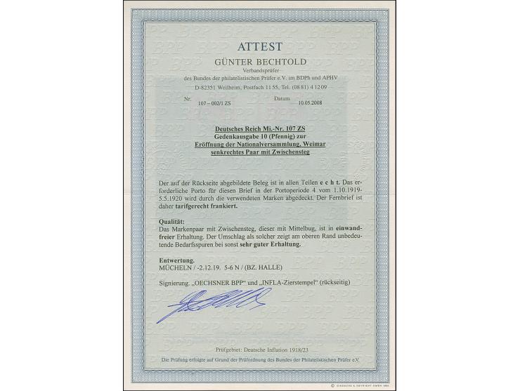 1919, Nationalversammlung 10 Pfg., Zwischenstegpaare mit Stempel “MÜCHELN -2.12.19” auf portogerechtem Fernbrief, übliche Bef