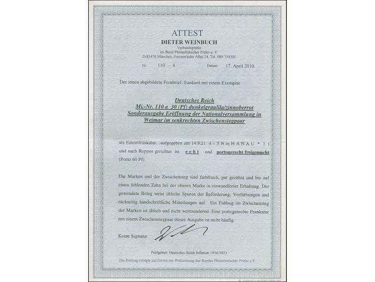 1919, Nationalversammlung 30 Pfg., Zwischenstegpaare mit Stempel “HANAU 14.9.21" auf portogerechtem Fernbrief, übliche Beförd