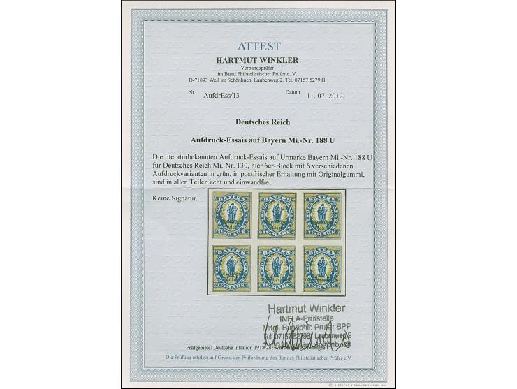 1920, Bayern-Abschied, 1¼ M. kobalt/mittelolivbraun, Aufdruckessay “Deutsches Reich” in grüner Schrift in verschiedenen Varia