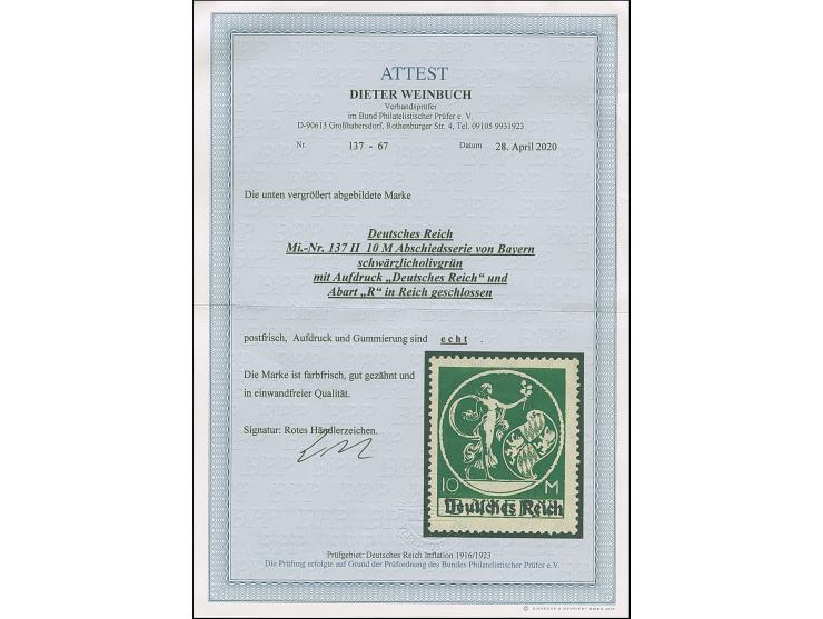 1920, Bayern-Abschied, 10 M. grün, Aufdrucktype II, postfrisch, tadellos, sign. Drahn sowie Fotoattest Weinbuch BPP (2020)