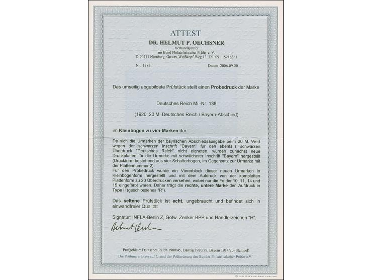 1920, Bayern-Abschied, 20 Mark schwarz, Probedruck von neuer Platte mit abgeschwächtem Schriftzug “BAYERN”, Viererblock im Kl