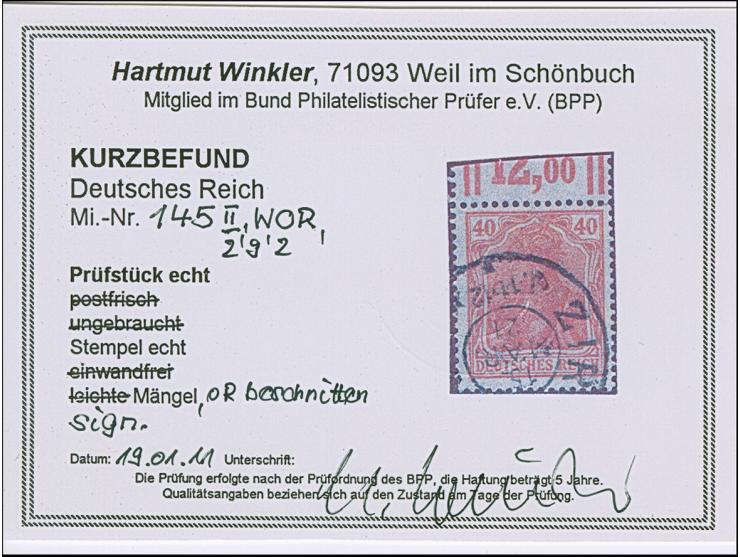 1920, Germania 40 Pfg. rot, Walzdruck-Oberrandstück mit Konfiguration “2'9'2”, sauber gestempelt, der Oberrand beschnitten, s