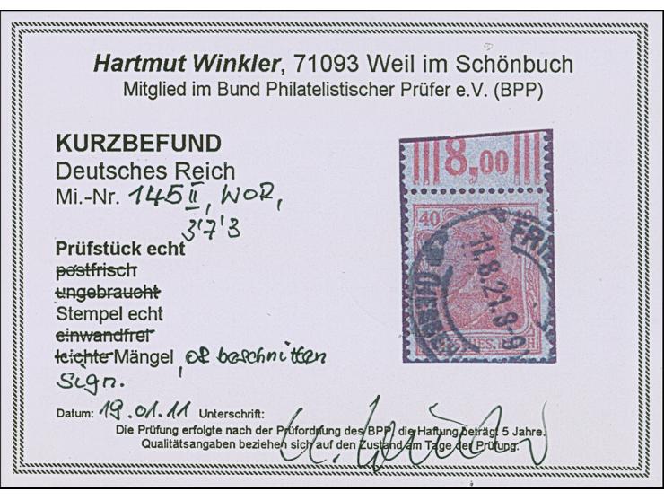 1920, Germania 40 Pfg. rot, Walzdruck-Oberrandstück mit Konfiguration “3'7'3”, sauber gestempelt, der Oberrand beschnitten, s