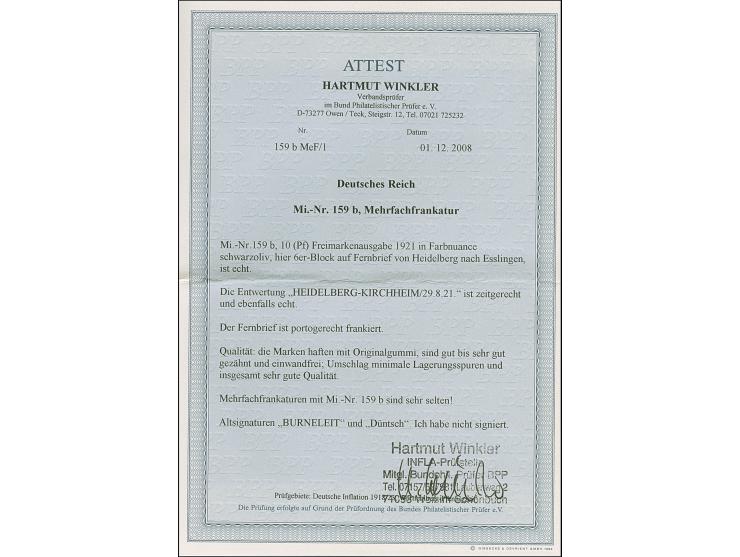 1921, Ziffern 10 Pfg. schwarzoliv, 6er-Block, farbfrisch und gut gezähnt, sauber mit Stempel “HEIDELBERG-KIRCHHEIM 29.8.21” a