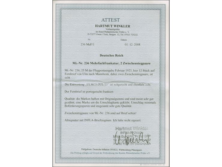 1923, Holztaube 25 M., unregelmäßiger 12er-Block mit zwei kompletten Zwischenstegpaaren, farbfrisch und meist gut gezähnt, sa