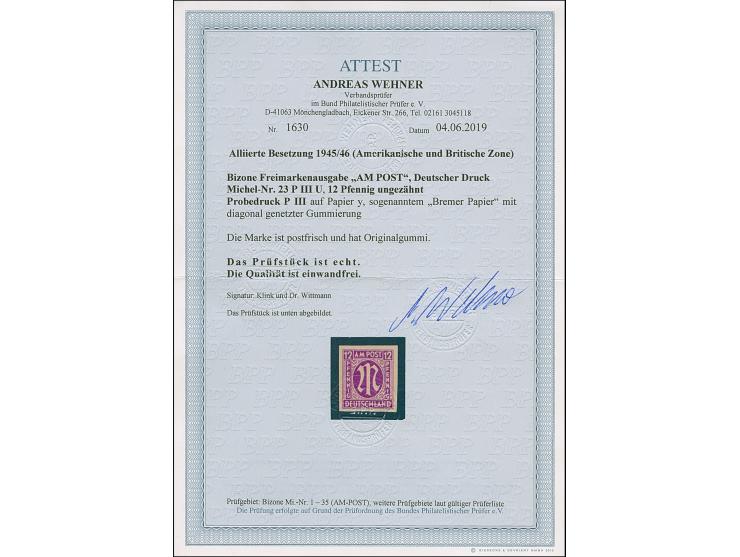 1945, Deutscher Druck, Probedrucke auf Bremer Papier, 12 Pfg. ungezähnt, postfrisch, tadellos, sign. Klink und Dr. Wittmann s