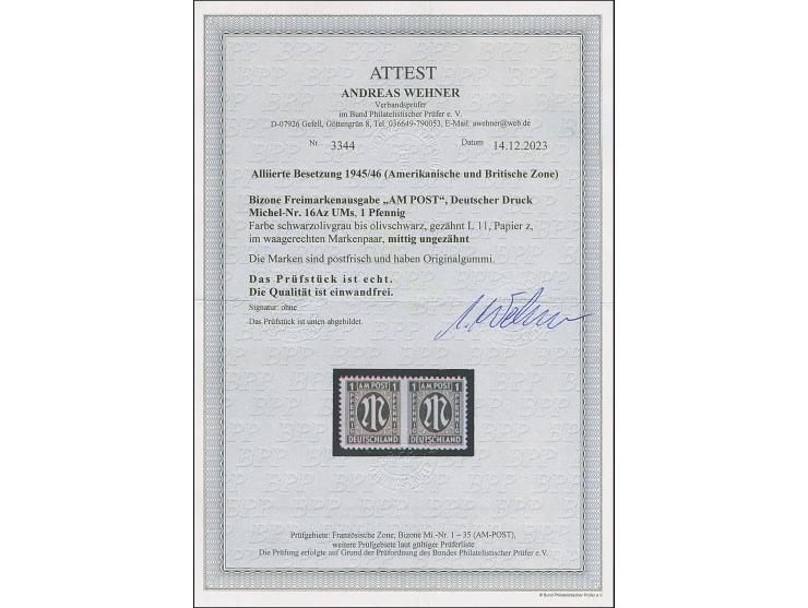 1945, Deutscher Druck, 1 Pfg. schwarzoliv, waagerechtes Paar, mittig ungezähnt, postfrisch, tadellos, Fotoattest Wehner BPP (