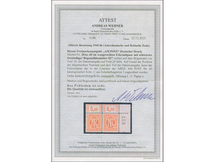 1945, Deutscher Druck, 6 Pfg., gez. 11, waagerechtes Paar aus der rechten oberen Bogenecke mit schwarzer, dreistelliger Bogen