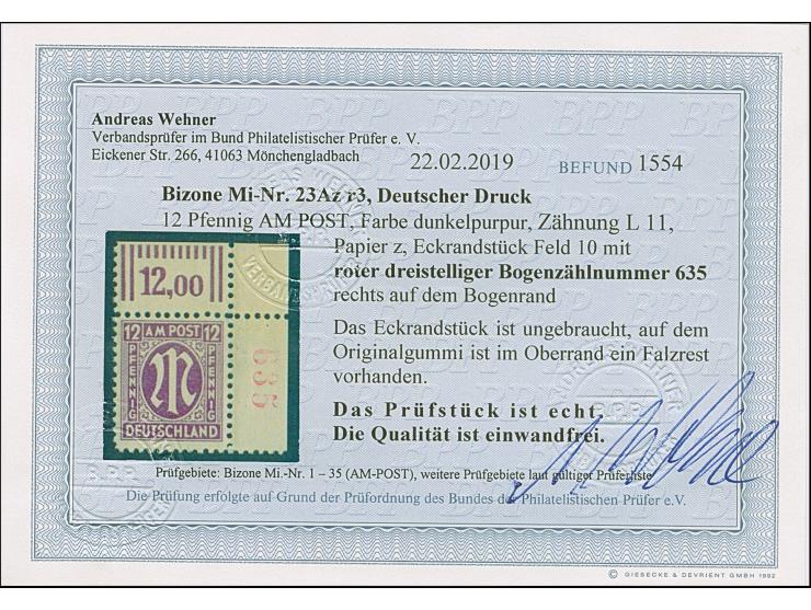 1945, Deutscher Druck, 12 Pfg., gez. 11, rechte obere Bogenecke mit roter, dreistelliger Bogenzählnummer “635”, postfrisch, n